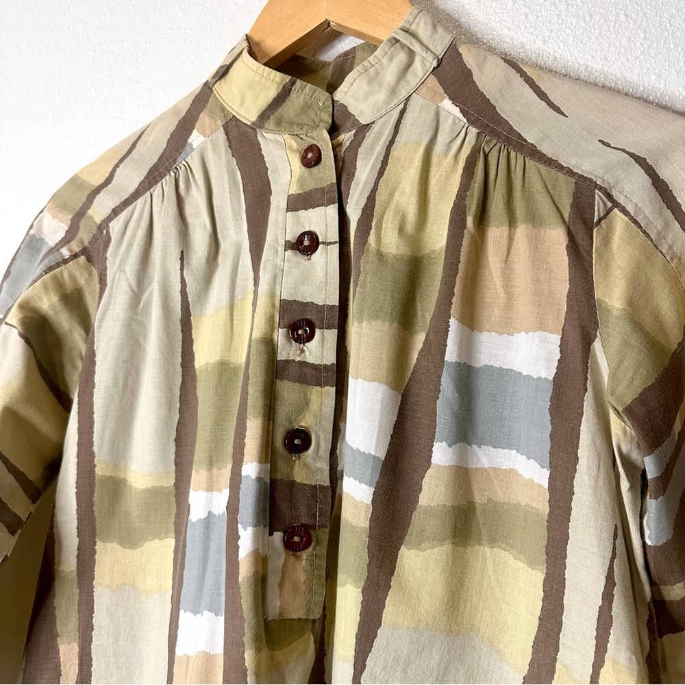 Vintage 60s MCM Geometric Watercolor Print Ultrasoft Poplin Artist Tunic Blouse - Picture 4 of 10
